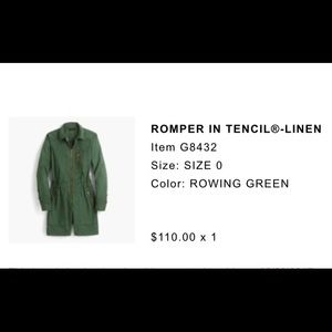 J. Crew, never worn, Military Green romper with gold zipper. 31 inches long flat